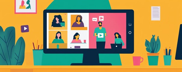 Illustration of a virtual meeting on a computer screen with diverse participants connecting remotely from home offices.