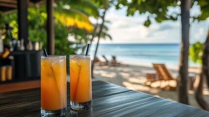 Cocktails at a beach bar at tropical resort