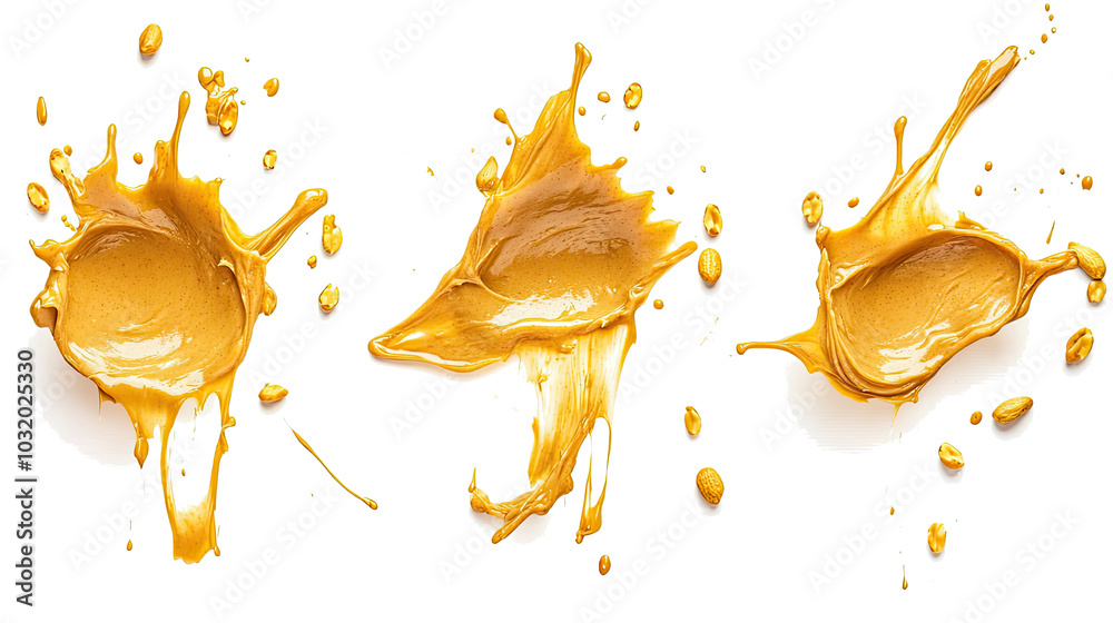 Poster peanut butter splashes and seeds on transparent background set generative ai