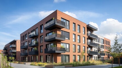 A modern apartment block set against a blue sky.