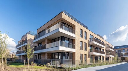 A modern apartment block set against a blue sky.