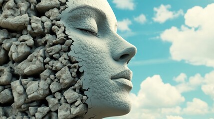 Stone face blending into a serene sky, symbolizing harmony between nature and humanity, AI