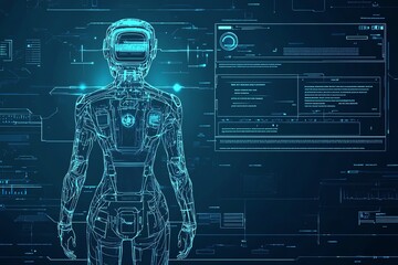 Futuristic digital interface featuring a humanoid robot with advanced technology, showcasing innovation in artificial intelligence and robotics.