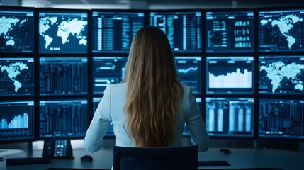 A woman sits in front of multiple screens displaying data and world maps, suggesting a focus on analytics or monitoring.