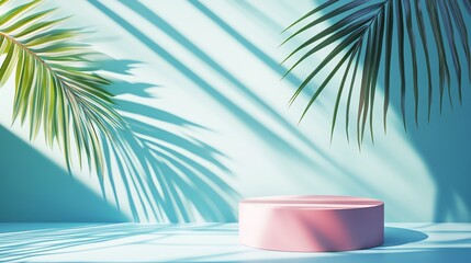 Fototapeta premium A pink podium sits in front of a blue background, with palm tree leaves and shadows above.