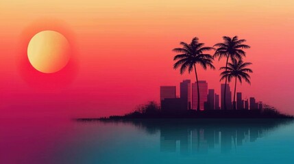 Fototapeta premium Vibrant sunset over urban landscape with palm trees reflecting on calm waters – a perfect blend of nature and city life