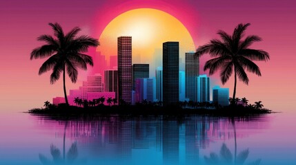 Obraz premium Vibrant sunset over a futuristic city skyline with palm trees reflecting on water capturing the essence of urban paradise and tropical serenity