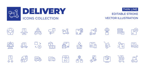 Delivery icons collection. Thin Line icons, editable stroke. delivery box, product, trolley, cash on delivery, delivery, cake dome, worldwide