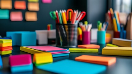 Fototapeta premium A desk full of colorful office supplies.
