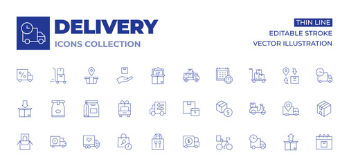 Delivery icons collection. Thin Line icons, editable stroke. delivery, product, pick list, pickup truck, planning, procurement, packing, paper bag, shipping, delivery truck, delivery bike