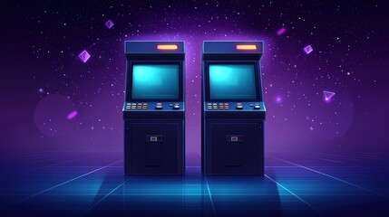 Retro video game arcade cabinets with neon glow and futuristic background creating a nostalgic atmosphere for players and gamers