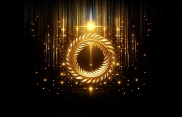 A circular golden laurel wreath with intricate details, shimmering on a black background with glowing vertical lines and scattered specks of light.