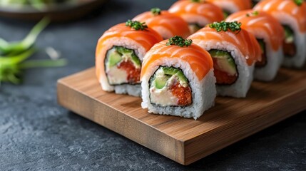 Fresh salmon sushi rolls with avocado and cream cheese on wooden board