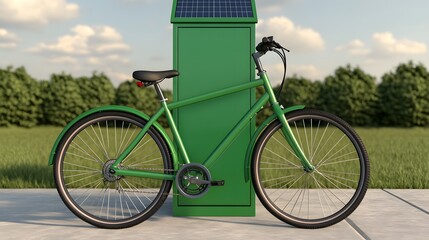 A green bicycle is parked beside a recycling bin in a grassy area, set against a clear blue sky and trees.