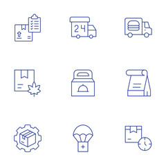 Delivery icons set. Thin Line style, editable stroke. delivery truck, food delivery, humanitarian, lead time, delivery box, supply chain