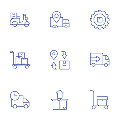 Delivery icons set. Thin Line style, editable stroke. delivery, procurement, delivery bike, delivery truck, packing, trolley, truck