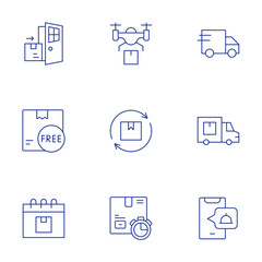 Delivery icons set. Thin Line style, editable stroke. door to door, drone delivery, express delivery, free delivery, on time, order food, renewal, shipment, shipping