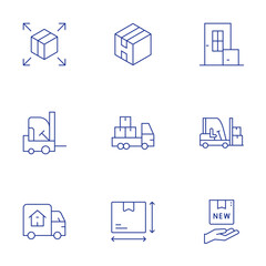 Delivery icons set. Thin Line style, editable stroke. distribution, door delivery, forklift, moving truck, new product, product, size, truck