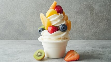White ice cream garnished with fresh fruits, isolated against a gray background.