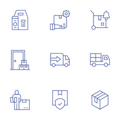 Delivery icons set. Thin Line style, editable stroke. food delivery, home delivery, package, product, product development, protection, truck, delivery truck, delivery