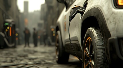A futuristic vehicle parked in a gritty urban environment, showcasing high-tech features and intense atmospheric details surrounding it.