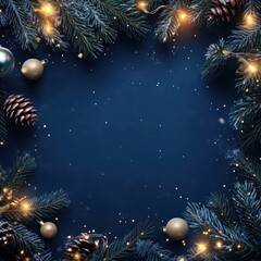 Square Christmas or New Year frame top view, decorative stars, balls and tree branches over blue navy background. Copyspace, place for text