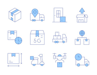 Delivery icons. Line Duotone style, editable stroke. drone delivery, door delivery, product, size, truck, lead time, delivery box, delivery truck, delivery bike