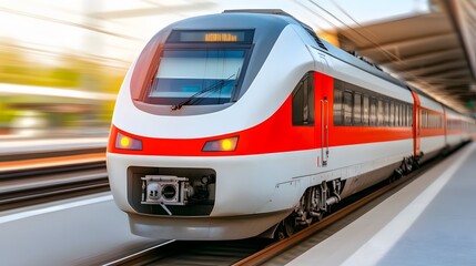 Naklejka premium A modern train in motion approaches a station, showcasing sleek design and vibrant colors against a blurred background.
