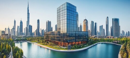 Obraz premium Modern Cityscape, Skyscrapers, and Business District in Dubai, Aerial View with Blue Sky