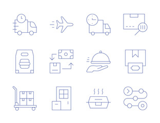 Delivery icons. Thin Line style, editable stroke. delivery truck, delivery, food delivery, loading, lunch box, airplane, barcode, cash on delivery, product
