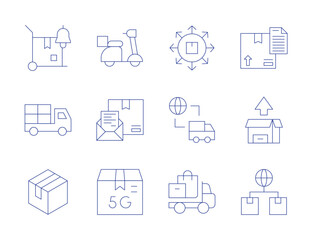 Delivery icons. Thin Line style, editable stroke. product, delivery truck, delivery, delivery bike, delivery box