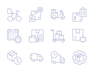 Delivery icons. Thin Line style, editable stroke. product, planning, procurement, delivery box, delivery truck, supply chain, delivery bike