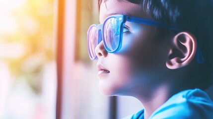 Young child wearing blue glasses focusing on distant tree outside window, symbolizing myopia prevention and importance of outdoor activities.