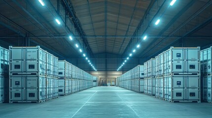 Large warehouse with rows of shipping containers under ample artificial lighting