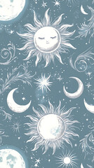 celestial background with pale blue hues, showcasing intricately detailed suns, crescent moons, and stars intertwined with fine zodiac symbols
