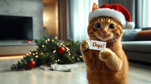 Red cat wearing Santa hat holding Oops sign, fallen Christmas tree in background
