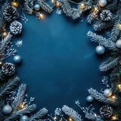 Square Christmas or New Year frame top view, decorative stars, balls and tree branches over blue navy background. Copyspace, place for text