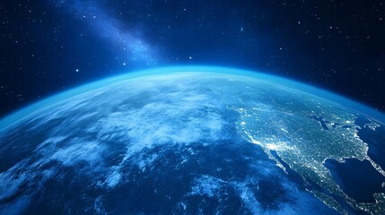 Fototapeta premium A stunning view of Earth from space, showcasing vibrant blue oceans, white clouds, and illuminated landmasses against a starry backdrop.