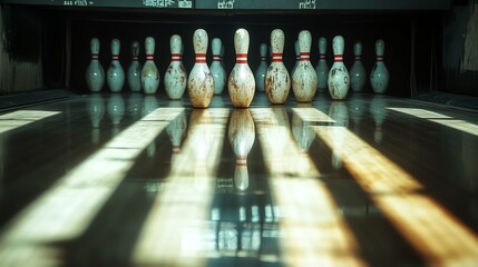A set of bowling pins on a bowling lane with shadows from overhead lighting.