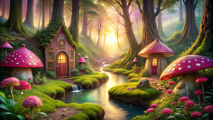 Fototapeta premium Sunlight filters through the trees, illuminating a hidden cottage and its vibrant moss-covered surroundings. A secret haven awaits in this mystical forest, where a charming