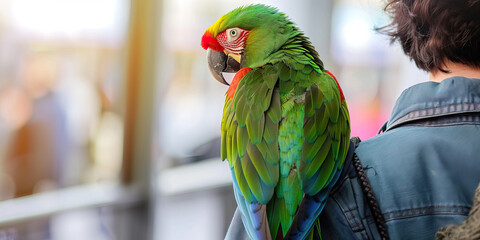 A colorful parrot perched on the shoulder of its human companion, its green feathers and bright red beak making it stand out in the room.