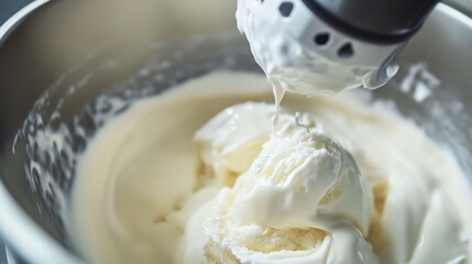 Creamy ice cream mixture being prepared in a metal bowl with a mixer.