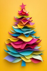 Colorful paper layers form 3D Christmas tree on yellow