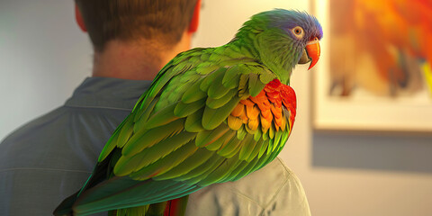 A colorful parrot perched on the shoulder of its human companion, its green feathers and bright red beak making it stand out in the room.