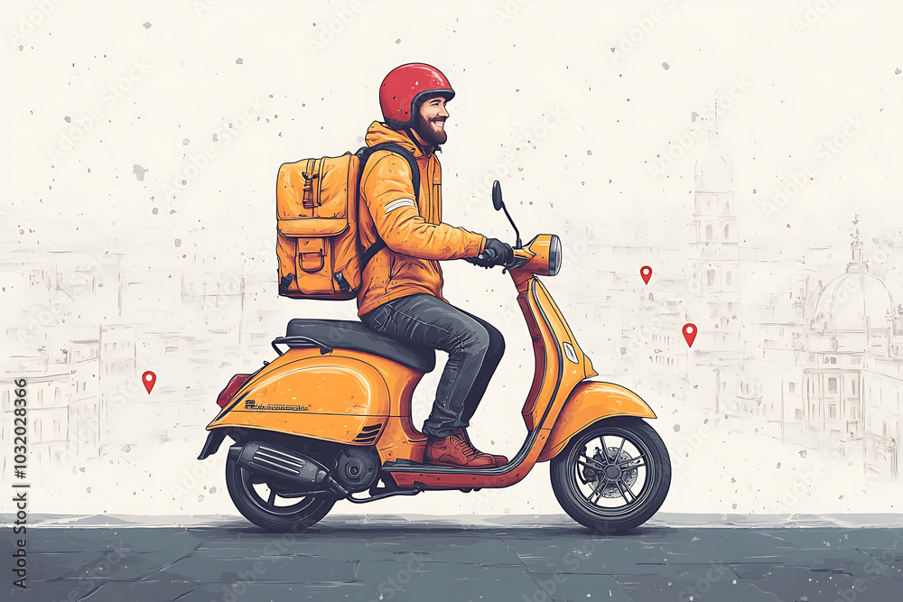 Wall mural illustration of a cartoon-style delivery man on a scooter, featuring a digital map with route from r