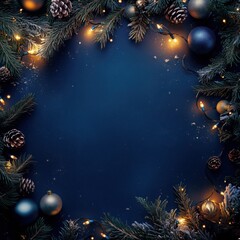 Square Christmas or New Year frame top view, decorative stars, balls and tree branches over blue navy background. Copyspace, place for text