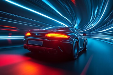  Sports Car Driving at on a Road on High Speed, Racing Through the Colorful Dark Tunnel With Lights Reflecting Everywhere. Dark Supercar Driving Fast on Highway.