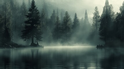 Fototapeta premium Ethereal Wilderness: Misty Lake Surrounded by Towering Evergreens