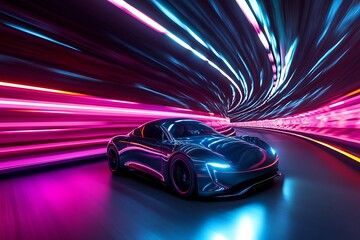  Sports Car Driving at on a Road on High Speed, Racing Through the Colorful Dark Tunnel With Lights Reflecting Everywhere. Dark Supercar Driving Fast on Highway.