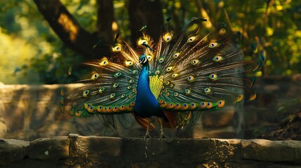 Obraz premium Colorful peacock spreading it's feathers in a courtship display.